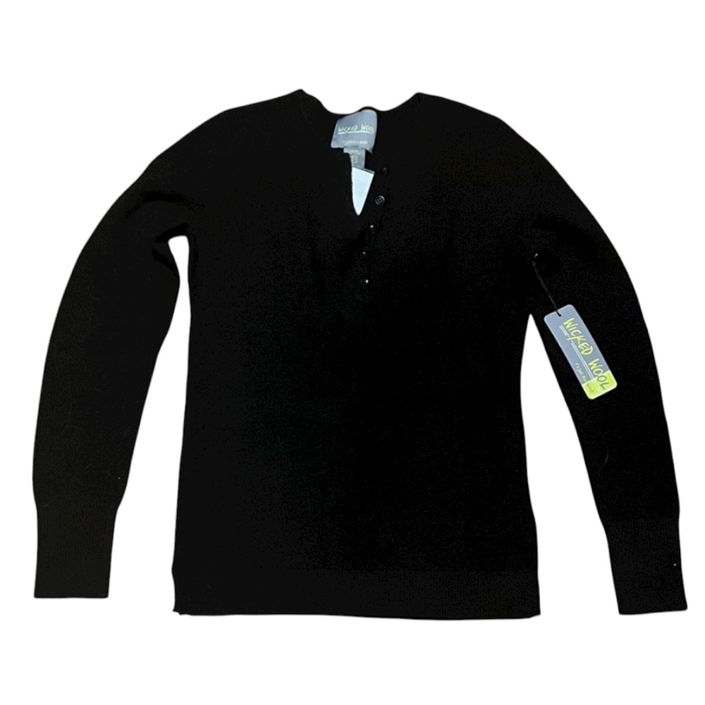 Wicked Wool NWT Merino Wool Henley Sweater Black Size XS EUC Classic Minimalist